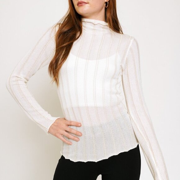 MYSTREE heer White Mock Neck Long Sleeve Top, Lightweight Mesh Knit Blouse - Picture 10 of 10